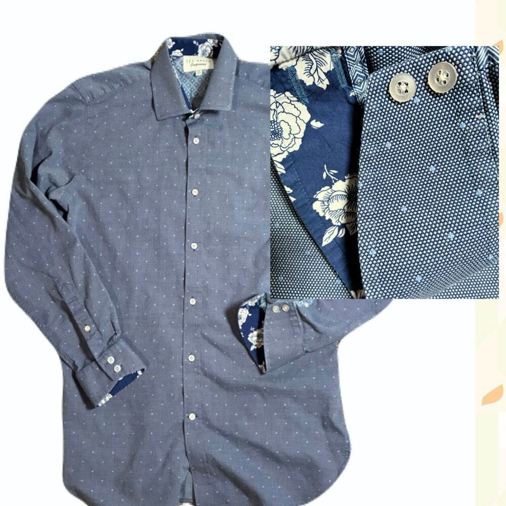 Ted Baker Endurance Flip Cuff Floral Button Up Dress Shirt Size 15.5 32/33 Blue